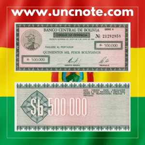 Bolivia 500,000 Pesos Bolivianos 1984 banknote, front with portrait of Juana Azurduy; reverse showing National Pantheon of Heroes.