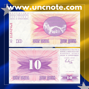 Bosnia & Herzegovina 10 Dinara 1992 banknote, front with guilloché and coat of arms; reverse showing Mostar stone arch bridge.