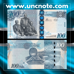 Botswana 100 Pula 2012 banknote, front with three chiefs and coat of arms; reverse with woman inspecting diamond and Orapa mine.