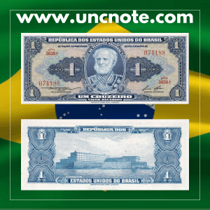 Brazil 1 Cruzeiro 1958 banknote, front with Dom Pedro II portrait; reverse showing allegorical Republic figure amid decorative foliage.