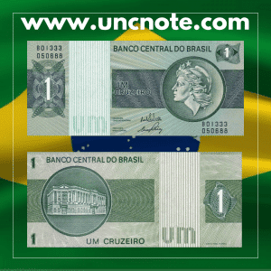 Brazil 1 Cruzeiro 1972 banknote, front with Pedro Álvares Cabral portrait; reverse showing Monument to the Discoveries.