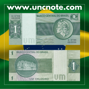 Brazil 1 Cruzeiro 1980 banknote, front with Pedro Álvares Cabral portrait; reverse showing Monument to the Discoveries.
