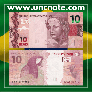 Brazil 10 Reais 2010 banknote, front with hyacinth macaw; reverse showing dusky grouper fish underwater scene.