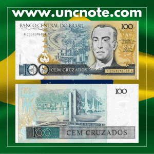 Brazil 100 Cruzados 1986 banknote, front with Juscelino Kubitschek and transmission infrastructure; reverse showing National Congress, Catetinho, and Alvorada Palace.