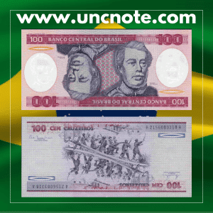 Brazil 100 Cruzeiros 1981 banknote, front with mirrored Duke of Caxias portraits; reverse showing cavalry battle scene.