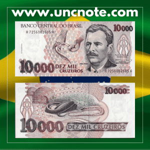 Brazil 10,000 Cruzeiros 1993 banknote, front with Carlos Chagas portrait; reverse showing doctor examining child and lab instruments.