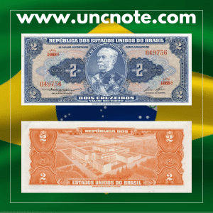 Brazil 2 Cruzeiros 1958 banknote, front with Dom Pedro II portrait; reverse showing allegorical Industry & Commerce figure.