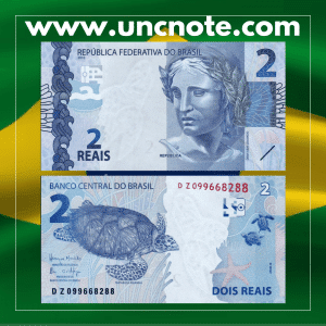 Brazil 2 Reais 2010 banknote, front with thrush; reverse with golden naiad fish and aquatic motif.