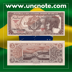 Brazil 5 Cruzeiros 1961 banknote, front with Dom Pedro II portrait; reverse showing allegorical Agriculture figure.