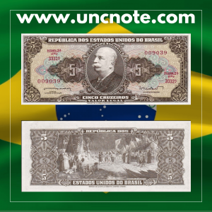 Brazil 5 Cruzeiros 1962 banknote, front with Dom Pedro II portrait; reverse showing allegorical Industry figure.