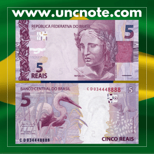 Brazil 5 Reais 2017 banknote, front with Rufous-bellied Thrush; reverse showing fish and underwater motif.
