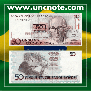 Brazil 50 Cruzeiros 1990 provisional note featuring Carlos Drummond de Andrade writing Canção Amiga; dimensions 140 × 65 mm.