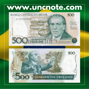 Brazil 500 Cruzados 1987 banknote, front with Heitor Villa-Lobos portrait; reverse with orchestra scene.