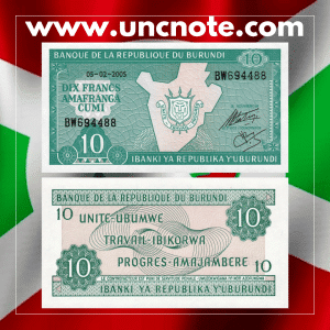 Burundi 10 Francs 2005 banknote, front with map and coat of arms; reverse with denomination and bilingual text.