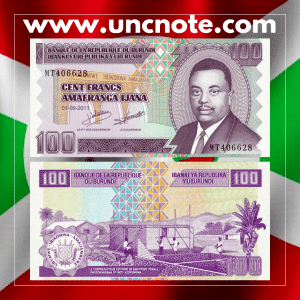 Burundi 100 Francs 2011 banknote, front with Prince Rwagasore and monument; reverse showing house construction, banana tree, and coat of arms.