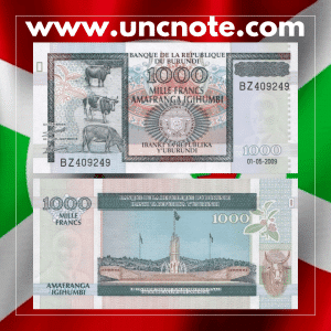 Burundi 1000 Francs 2009 banknote, front with traditional drummer portrait; reverse with landscape and wildlife imagery.