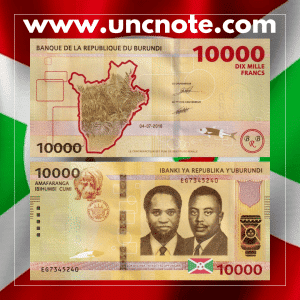 Burundi 10000 Francs 2018 banknote, front with portrait of woman in traditional attire; reverse with rural landscape and wildlife imagery.