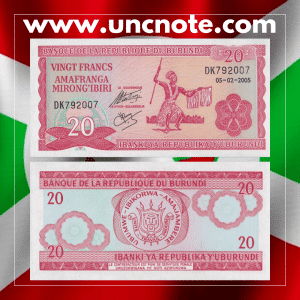 Burundi 20 Francs 2005 banknote, front with map and coat of arms; reverse with denomination pattern and bilingual text.