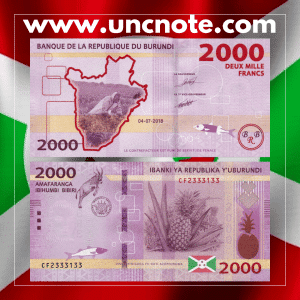 Burundi 2000 Francs 2018 banknote, front with portrait of woman in traditional attire; reverse with wildlife and landscape imagery.