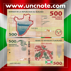 Burundi 500 Francs 2015 banknote, front with crocodile, coffee branch, coat of arms, and flag; reverse with map of Burundi and fishing boat.
