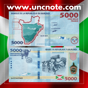 Burundi 5000 Francs 2018 banknote, front with portrait of elder in traditional attire; reverse with wildlife and cultural motifs.