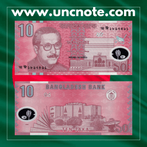 Bangladesh 10 Taka 2000 polymer banknote, front with Sheikh Mujibur Rahman; reverse showing the National Martyrs’ Memorial.