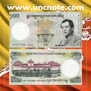 Bhutan 100 Ngultrum 2006 banknote, front with King Jigme Singye Wangchuck; reverse showing Trongsa Dzong.