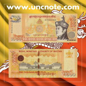 Bhutan 1000 Ngultrum 2016 banknote, front with King Jigme Khesar Namgyel Wangchuck; reverse showing Tashichho Dzong.