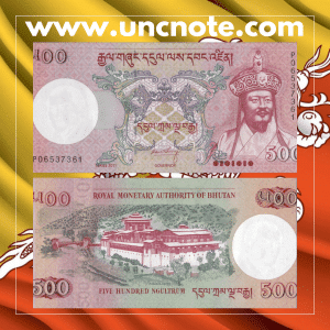Bhutan 500 Ngultrum 2011 banknote, front with King Ugyen Wangchuck; reverse showing Punakha Dzong.