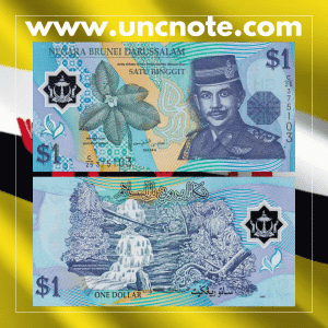 Brunei 1 Ringgit 1996 banknote, front with Sultan Hassanal Bolkiah; reverse showing Omar Ali Saifuddien Mosque.