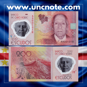 Cabo Verde 200 Escudos 2014 banknote, front with portrait of Henrique Teixeira de Sousa; reverse with Mindelo city view.