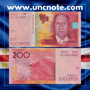 Cabo Verde 200 Escudos 2019 banknote, front with portrait of Henrique Teixeira de Sousa; reverse with view of Mindelo on São Vicente island.