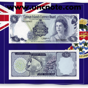 Cayman Islands 1 Dollar 1974 banknote, front with portrait of Queen Elizabeth II; reverse with coastal scene and boats.