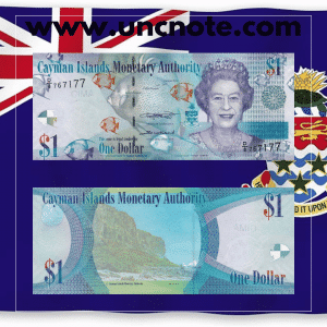 Cayman Islands 1 Dollar 2018 banknote, front with portrait of Queen Elizabeth II; reverse with Cayman parrot and tropical plants.