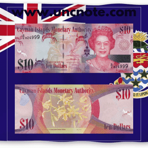 Cayman Islands 10 Dollars 2014 banknote, front with portrait of Queen Elizabeth II; reverse with green sea turtle and coral reef imagery.