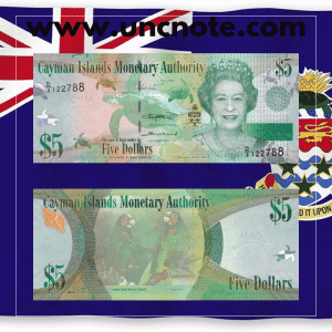 Cayman Islands 5 Dollars 2018 banknote, front with portrait of Queen Elizabeth II; reverse with hawksbill turtle and coral reef.