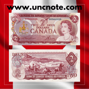 Canada 2 Dollars 1974 banknote, front with Queen Elizabeth II and Coat of Arms; reverse with Inuit family preparing kayaks in Arctic landscape.