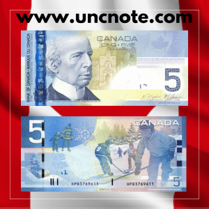 Canada 5 Dollars 2006 banknote, front with portrait of Sir Wilfrid Laurier; reverse with children playing hockey and skating.