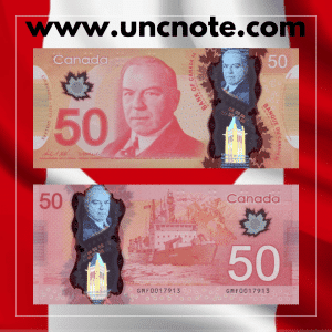 Canada 50 Dollars 2012 banknote, front with William Lyon Mackenzie King portrait and Canadian landscape; reverse with Canadarm2 and Arctic research aircraft imagery.