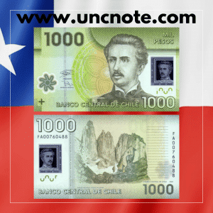 Chile 1,000 Pesos 2020 polymer banknote, front with Ignacio Carrera Pinto; reverse with Torres del Paine landscape and guanacos.