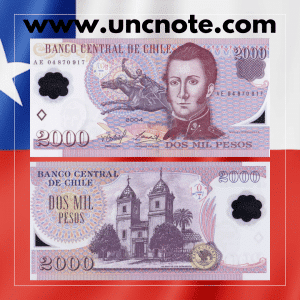 Chile 2,000 Pesos 2004 polymer banknote, front with portrait of Manuel Rodríguez and horseback statue; reverse with Iglesia de los Dominicos.