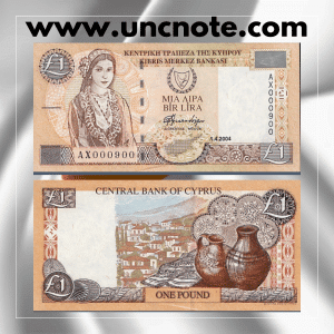 Cyprus 1 Pound 2004 banknote, front with Cypriot woman in folk costume; reverse with Kato Drys village and craft motifs.