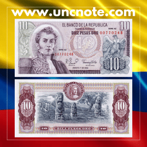 Colombia 10 Pesos Oro 1980 banknote, front with Antonio Nariño and condor; reverse with archaeological monoliths from San Agustín.