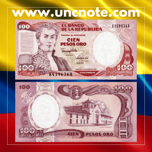 Colombia 100 Pesos Oro 1991 banknote, front with General Antonio Nariño and condor; reverse with Villa de Leyva.