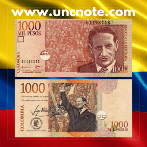 Colombia 1000 Pesos 2009 banknote, front with Jorge Eliécer Gaitán; reverse with public speech scene.