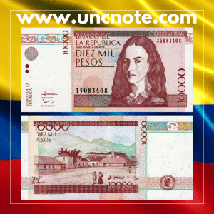 Colombia 10000 Pesos 2014 banknote, front with Policarpa Salavarrieta portrait; reverse with scene of her sewing uniforms with fellow patriots.