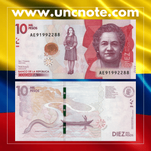 Colombia 10000 Pesos 2017 polymer banknote, obverse with Virginia Gutiérrez de Pineda portrait; reverse with cultural and botanical designs.