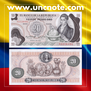 Colombia 20 Pesos Oro 1983 banknote, front with Francisco José de Caldas portrait; reverse with Museo del Oro artifacts.