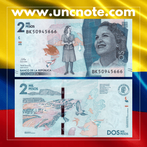 Colombia 2000 Pesos 2023 banknote, front with Débora Arango portrait; reverse with Colombian cultural imagery.