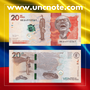 Colombia 20000 Pesos 2019 polymer banknote, obverse with Alfonso López Michelsen and sombrero vueltiao; reverse with Canal del Dique and rural landscape.